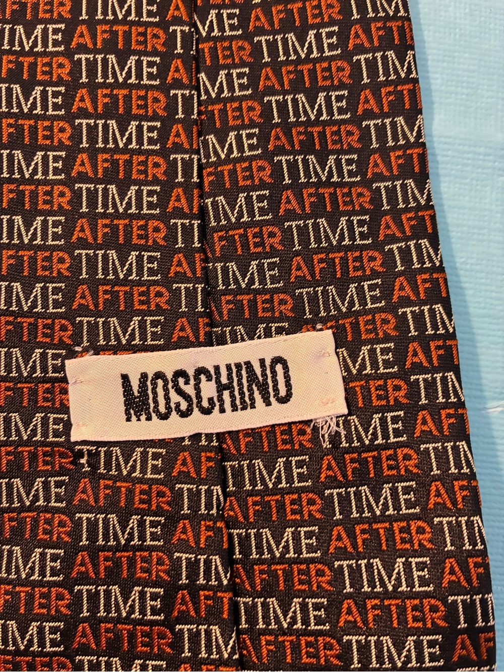 MOSCHINO Silk Black Tie with Orange and White 'TIME AFTER TIME' Italy Vintage